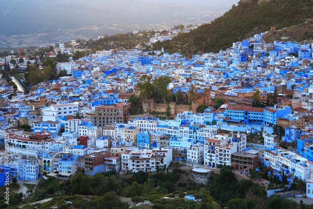Aerial view of Chefchaouen in Morocco. The city is noted for its buildings in shades of blue and that makes Chefchaouen very attractive to visitors.