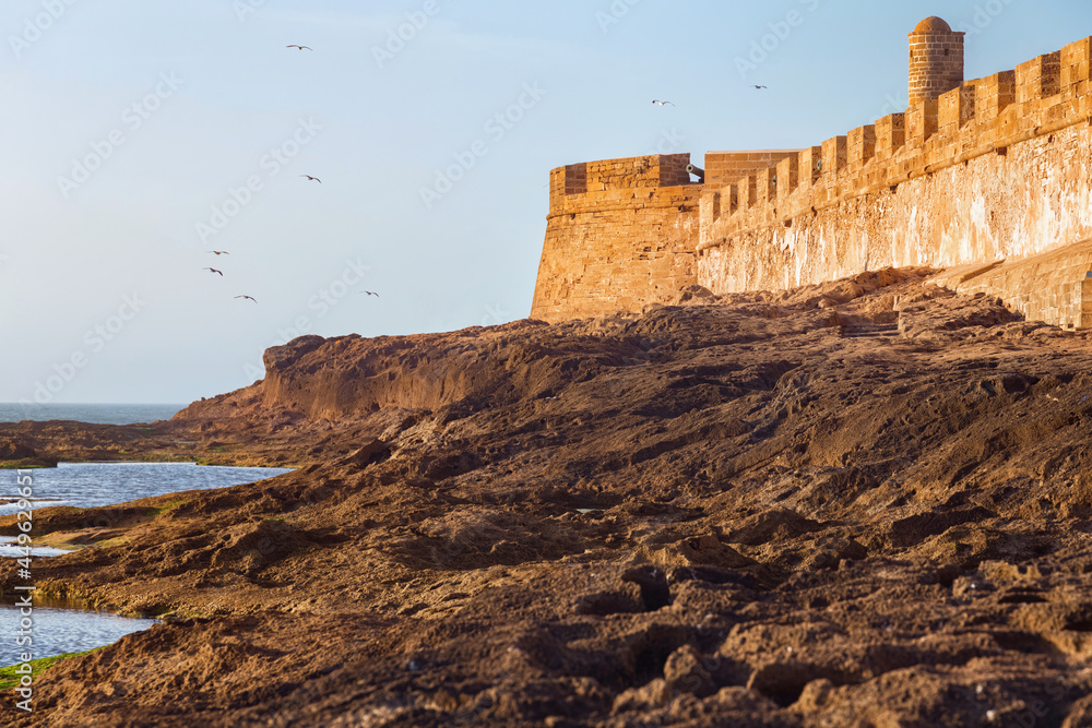 View of the historical walls of the Essaouira fortress and volcanic shore of the Atlantic Ocean in Morocco on a summer evening on the low tide time.