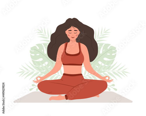 Abdominal breathing. Woman practicing belly breathing for good relaxation. Breath awareness yoga exercise. Meditation for body, mind and emotions. Spiritual practice. Flat cartoon vector illustration.