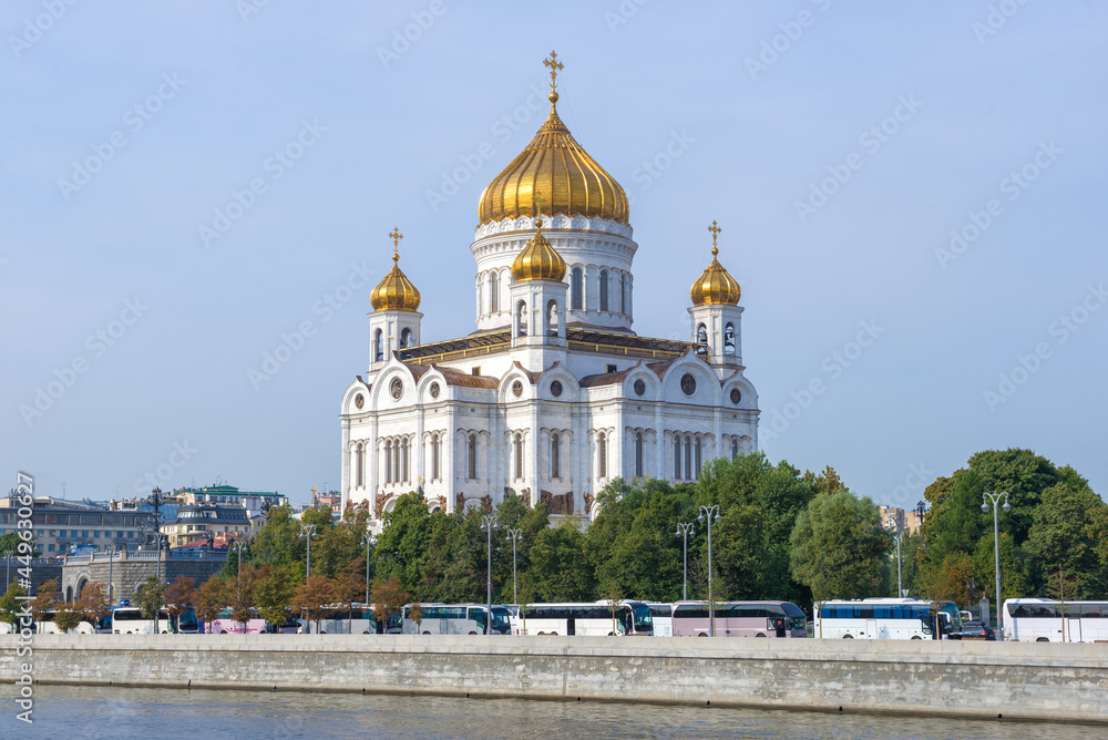View of the Cathedral of Christ the Savior from the Moscow river side on a sunny September day. Moscow, Russia