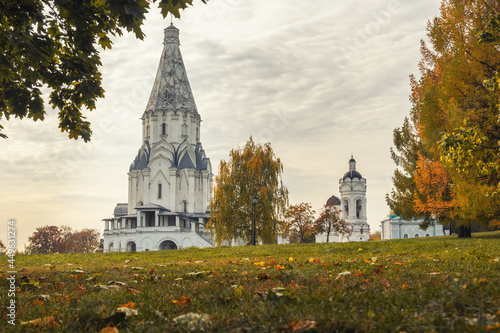 View of Church of the Ascension and architectural complex in Kolomenskoye on autumn day. Moscow