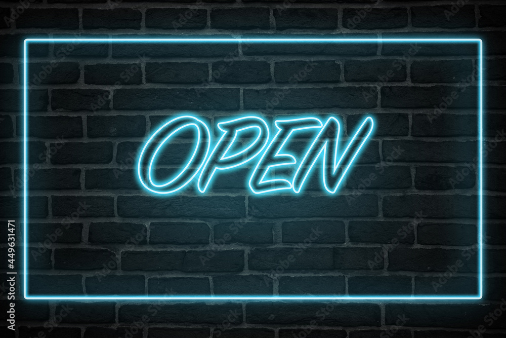 open neon sign. blue glow. neon text. Brick wall lit by neon lamps. Night lighting on the wall. Trendy Design. light banner, bright advertisement open neon sign. blue glow. neon text. Brick wall lit by neon lamps. Night lighting on the wall. Trendy Design. light banner, bright advertisement