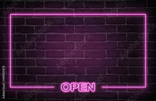 open neon sign. pink glow. neon text. Brick wall lit by neon lamps. Night lighting on the wall. Trendy Design. light banner, bright advertisement
