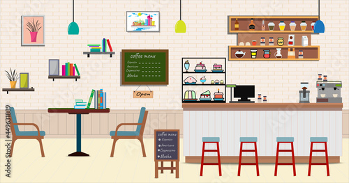 Coffee shop.Empty Cafe bar counter for serving coffee with cash box and menu board.sweet desserts,wooden counter, stools,sofas,Vector Coffee Shop and Cafe concept.