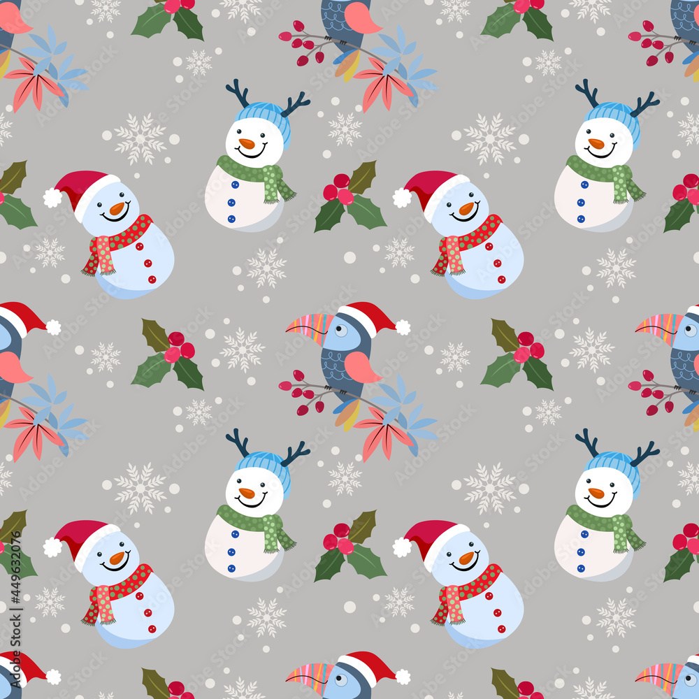 Cute snow man and bird with snow fake seamless pattern.