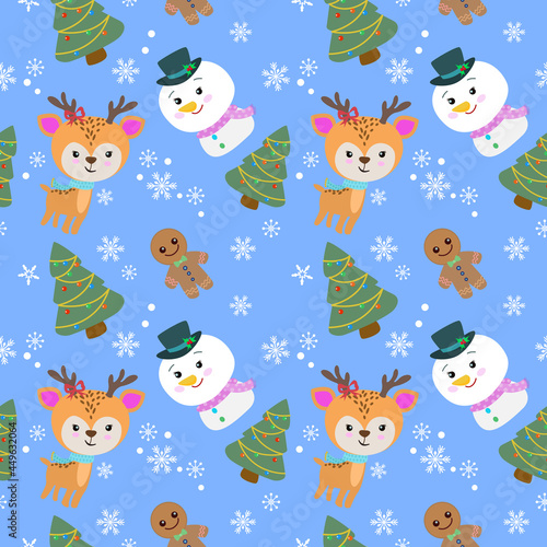 Cute deer and snow man with Christmas tree in winter seamless pattern.