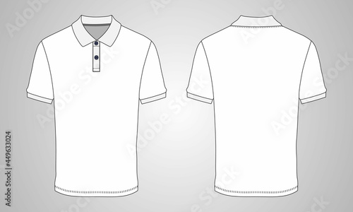 Short sleeve Polo shirt Overall technical fashion Drawing Flat sketch template front and back view. apparel dress design vector illustration mock up Polo tee CAD.
