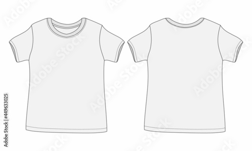 Basic Tee shirt overall technical fashion flat drawing template. Blank flat Short sleeve t-Shirt design for kids. Vector art illustration Front and Back View.