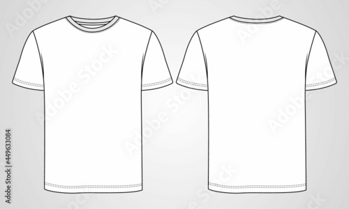 Regular fit Short sleeve T-shirt technical Sketch fashion Flat Template With Round neckline. Vector illustration basic apparel design front and Back view. Easy edit and customizable.