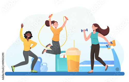 Multiracial fitness club clients doing exercises, wellness, workout, run, fitness. Flat abstract cartoon vector illustration concept web banner adv design isolated on white background.