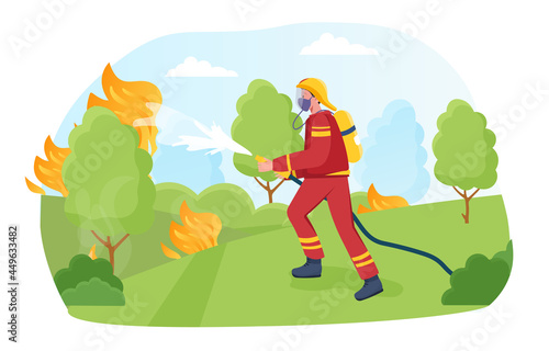 Brave young professional fireman with oxygen balloon and equipments puts out fire, helping emergency service. Flat cartoon vector illustration concept design isolated on white background