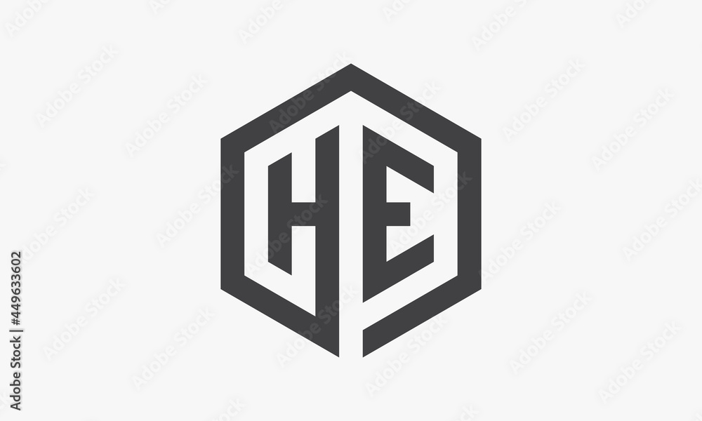 HE hexagon letter logo isolated on white background. HE hexagon letter logo isolated on white background.