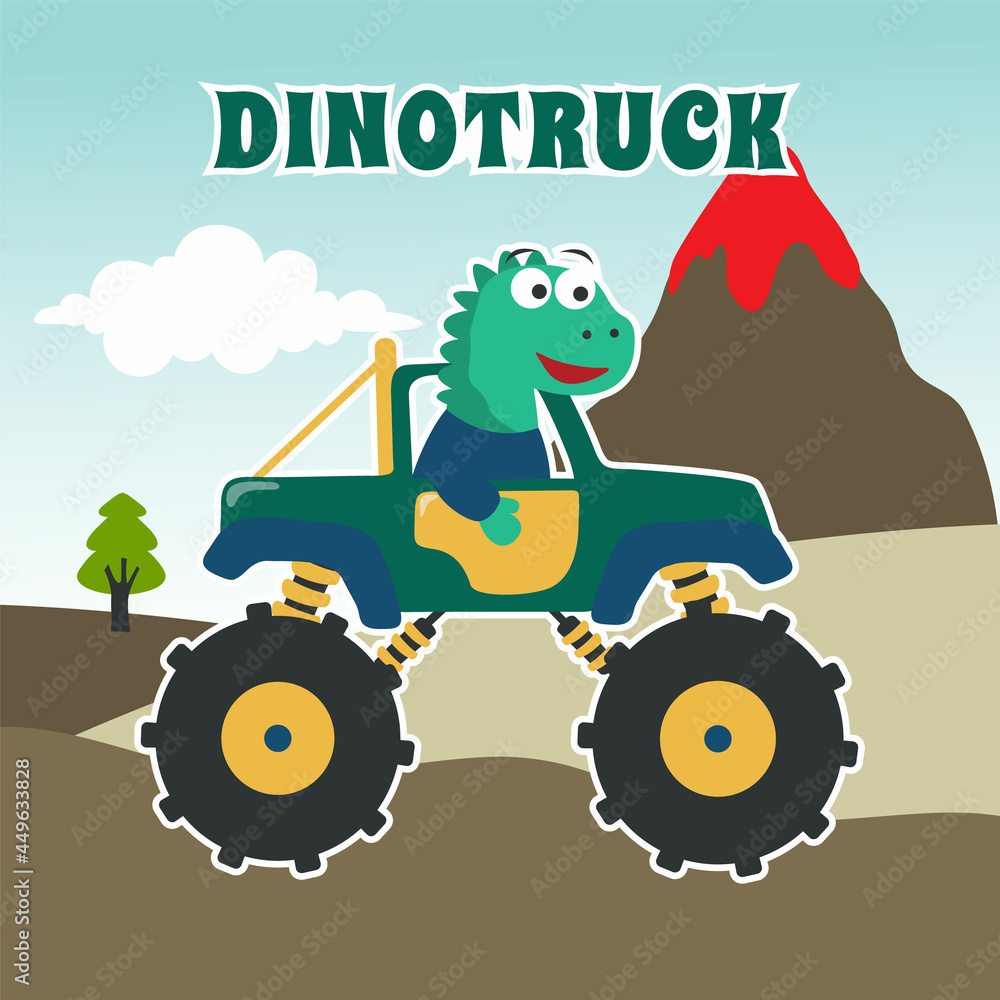 Vector illustration of dinosaurs riding monster truck with cartoon style.  Can be used for t-shirt print, kids wear, invitation card. fabric, textile,  nursery wallpaper, poster and other decoration. Stock Vector | Adobe
