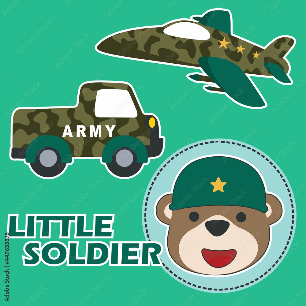 Vector cartoon illustration with animal soldier. Creative vector childish background for fabric, textile, nursery wallpaper, poster brochure, Vector illustration background. Vector cartoon illustration with animal soldier. Creative vector childish background for fabric, textile, nursery wallpaper, poster brochure, Vector illustration background.