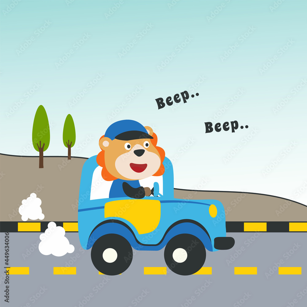 Vector cartoon of funny tiger driving car in the road with village landscape. Can be used for t-shirt printing, children wear fashion designs, baby shower invitation cards and other decoration. Vector cartoon of funny tiger driving car in the road with village landscape. Can be used for t-shirt printing, children wear fashion designs, baby shower invitation cards and other decoration.