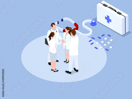 Team cooperation vector concept: Group of doctors joining hands together while standing with stethoscope and medicine