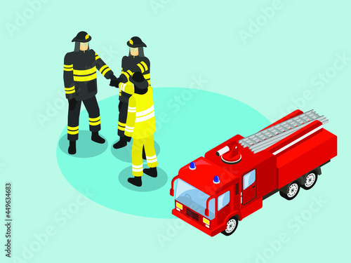 Team cooperation vector concept: Group of firemen join hands together while standing with fire truck