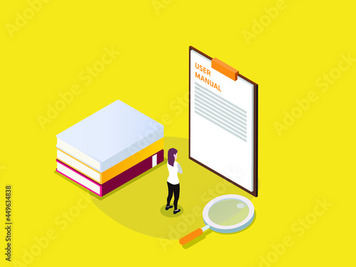 3d, book, booklet, cartoon, character, cogwheel, concept, design, direction, document, education, faq, female, gear, guidance, guide, guidebook, handbook, heap, help, holding, illustration, informatio