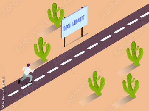 No limits vector concept: Young businessman running on the road with no limits text on the signpost
