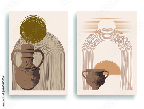 Modern poster with minimalist design elements . Grunge textured circles in Boho style  . Wall art , home deco . Vector abstract shape