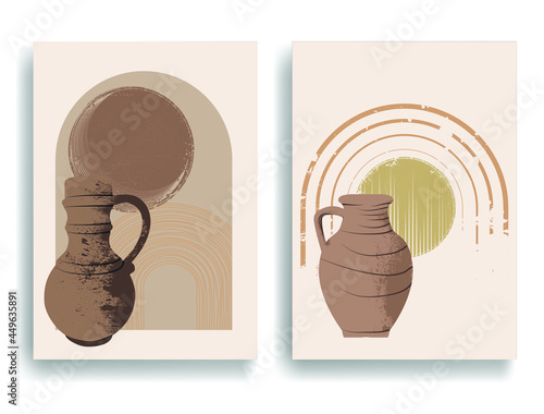 Modern poster with minimalist design elements . Grunge textured circles in Boho style  . Wall art , home deco . Vector abstract shape