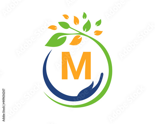 Charity logo with hand, leaf and M letter concept. Hand care foundation logo