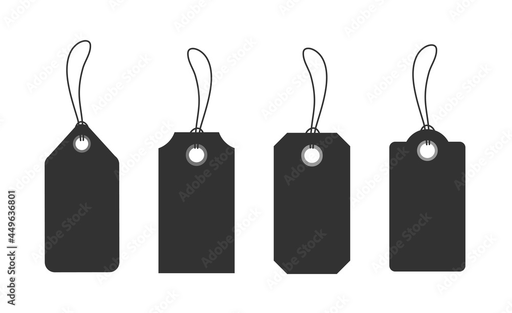 Black paper price tags or gift tags in different shapes. Labels with