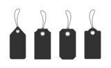 Black paper price tags or gift tags in different shapes. Labels with cord.