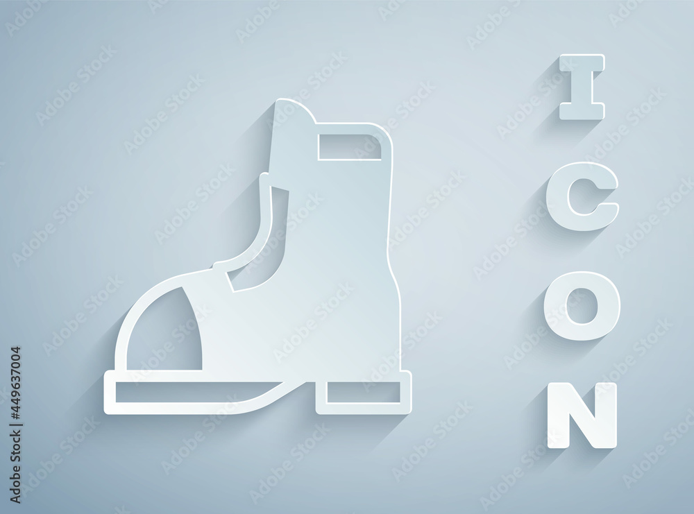 Paper cut Hunter boots icon isolated on grey background. Paper art style. Vector Paper cut Hunter boots icon isolated on grey background. Paper art style. Vector