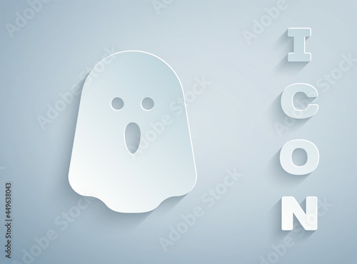 Paper cut Ghost icon isolated on grey background. Happy Halloween party. Paper art style. Vector