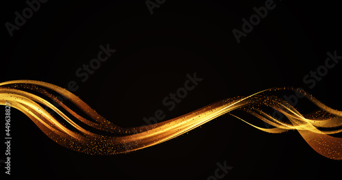 Gold color wave on black background Abstract stream of wavy lines with gold glitter particles Gold wave flow