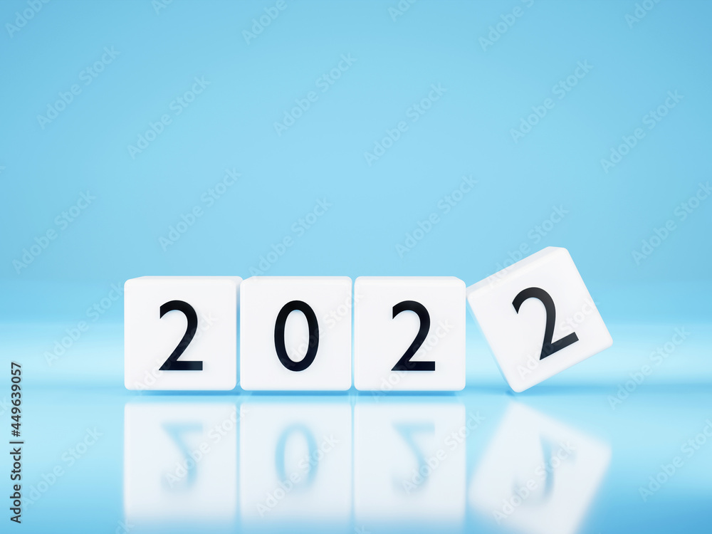 New year 2022 concept - white Plastic cubes on blue background. Change calendar. 3D illustration. Minimalist style counter. New year 2022 concept - white Plastic cubes on blue background. Change calendar. 3D illustration. Minimalist style counter.