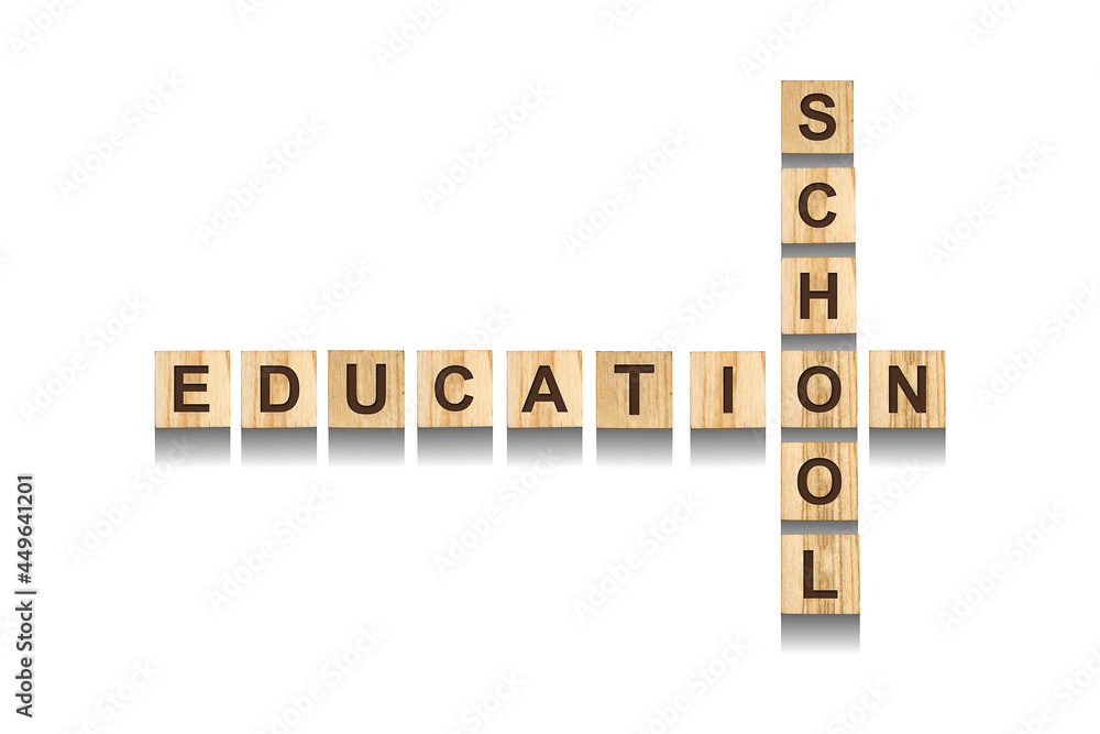 Education. School. Words on wooden blocks. Isolated on a white background. Education concept. Education. School. Words on wooden blocks. Isolated on a white background. Education concept.
