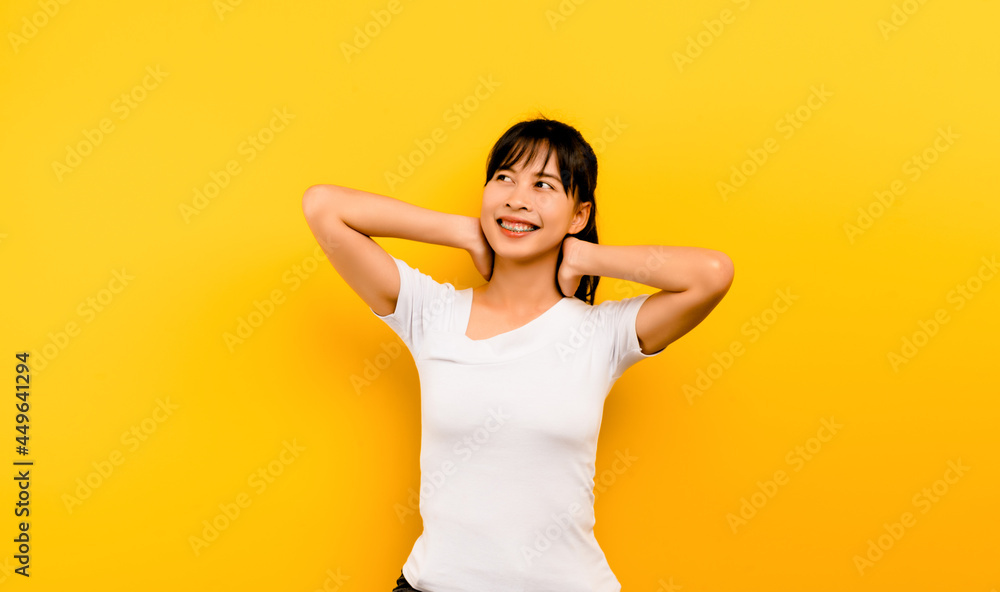 body relaxation calm and tired asian woman attractive face A quiet woman holds her hands behind her head. relax breathing breath of fresh air and is relaxing body relaxation calm and tired asian woman attractive face A quiet woman holds her hands behind her head. relax breathing breath of fresh air and is relaxing