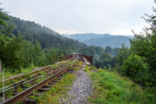Railway bridge in the mountains. Close-up. Carpathians. Ukraine. Transport.