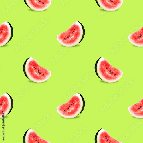 Fototapeta Naklejka Na Ścianę i Meble -  Slices of ripe watermelon on a bright background, seamless pattern.