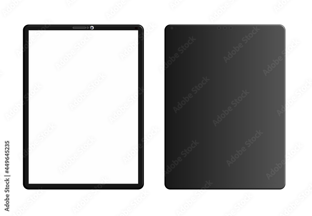 Black slim drawing pad or tablet mock-up, front and back display view with black gradient of backside with 3 camera, blank device mockup, 3D rendering, isolated on white background with clipping path. Black slim drawing pad or tablet mock-up, front and back display view with black gradient of backside with 3 camera, blank device mockup, 3D rendering, isolated on white background with clipping path.