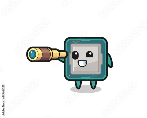 cute processor character is holding an old telescope