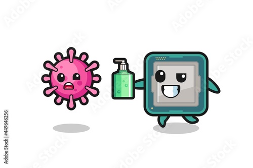 illustration of processor character chasing evil virus with hand sanitizer