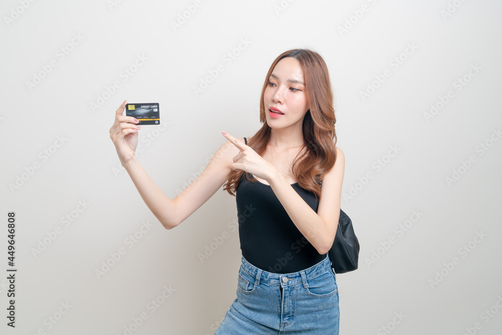 portrait beautiful Asian woman holding credit card portrait beautiful Asian woman holding credit card