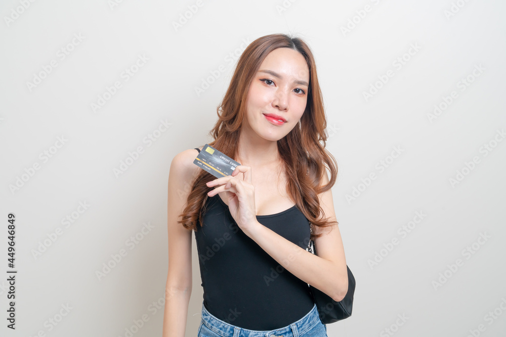 portrait beautiful Asian woman holding credit card portrait beautiful Asian woman holding credit card