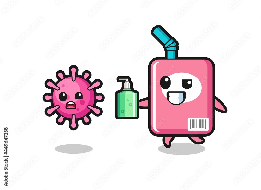 illustration of milk box character chasing evil virus with hand sanitizer illustration of milk box character chasing evil virus with hand sanitizer