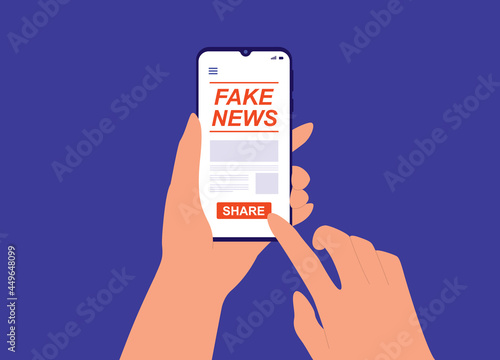 A User With Smartphone Sharing Fake News Online And Spreading Misleading Information. Disinformation, Lies And Propaganda.