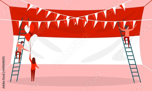 Vector illustration, young people putting up flags and balloon decorations, as templates for Indonesian Independence Day and Singapore Independence Day.