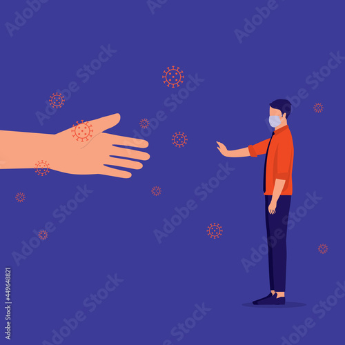 Young Man With Protective Face Mask Refuses Handshake To Protect Himself From COVID-19. Coronavirus Prevention.