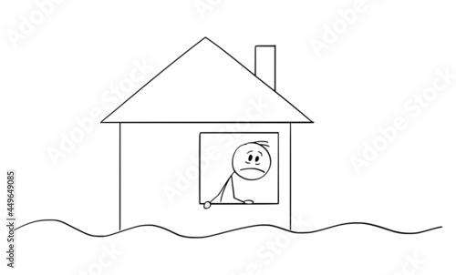 Person Looking on Flooding From the Window of Flooded House, Vector Cartoon Stick Figure Illustration
