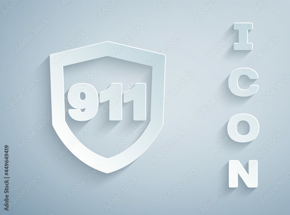 Paper cut Telephone with emergency call 911 icon isolated on grey background. Police, ambulance, fire department, call, phone. Paper art style. Vector Paper cut Telephone with emergency call 911 icon isolated on grey background. Police, ambulance, fire department, call, phone. Paper art style. Vector