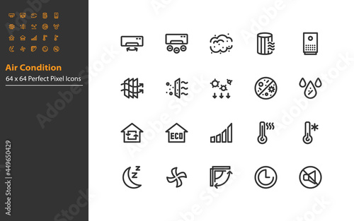 set of air condition line icons, temperature, air purify, dust