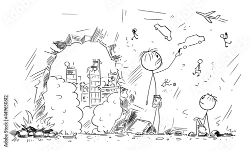 Man in Cave After Human Civilization Collapse Drawing Cars on the rock, Vector Cartoon Stick Figure Illustration