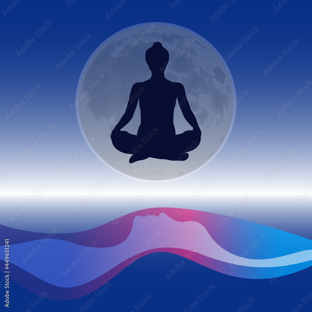Silhouettes of a meditating person against the background of the sky, the moon and the ocean. Zen yoga concept, logo for Yoga Studio. Vector illustration. Silhouettes of a meditating person against the background of the sky, the moon and the ocean. Zen yoga concept, logo for Yoga Studio. Vector illustration.